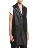 Button-Front Long Leather Vest, Black