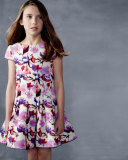 Cap-Sleeve Floral Burnout Scuba Dress, Purple/White, Size 7-16
