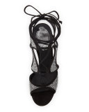 Crystal-Embellished Suede Ankle-Wrap Sandal, Black/Chrome