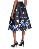 floral satin midi skirt, black