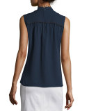 Sleeveless Pintucked Silk Blouse, Navy