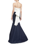 Strapless Colorblock Fishtail Gown, Ivory/Indigo
