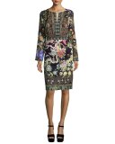 Long-Sleeve Printed Sheath Dress, Black