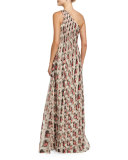 One-Shoulder Draped Gown, Pink/Sand Multi