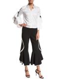 Crepe Ruffle Kick-Flare Cropped Pants, Black/Ivory