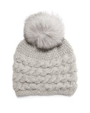 Cashmere Cable-Knit Beanie Hat w/Fur Pom Pom