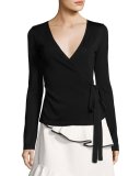 Hilary Long-Sleeve Stretch Faux-Wrap Top, Jet