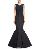 Sleeveless Open-Back Silk Faille Trumpet Gown, Black