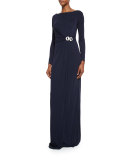 Long-Sleeve Buckled Jersey Gown, Navy