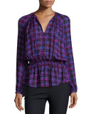 Long-Sleeve Printed Silk Blouse, Cobalt/Multicolor