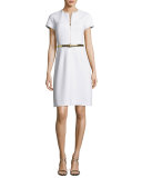 Belted A-Line Zip-Front Dress, White