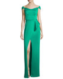 Off-the-Shoulder Draped Satin Gown, Emerald