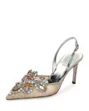 Jeweled Snakeskin Slingback 75mm Pump, Sea/Multi