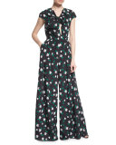 Cap-Sleeve Floral-Print Blouse, Green/White