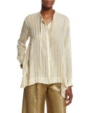 Striped Asymmetric-Hem Blouse, Ivory/Gold