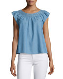The Flutter Sleeve Embroidered Denim Top, Light Blue