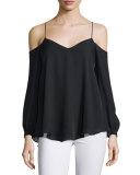 Silk Long-Sleeve Cold-Shoulder Top, Black