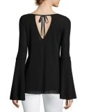 Bell-Sleeve Tulle Top w/ Keyhole Back, Black