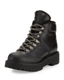 Shearling-Trim Leather Hiking Boot, Black (Nero)