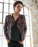 Asymmetric Cropped Leather Trench Jacket, Raisin