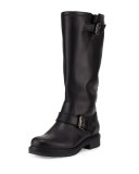 Crista Leather Buckle Knee Boot, Black