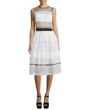 Sleeveless Pierced Mixed-Lace Dress, White