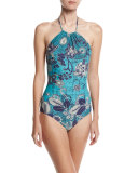 Halter One-Piece Swimsuit, Blue Floral