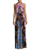 Printed Silk Keyhole Halter Gown, Black/Pink/Blue