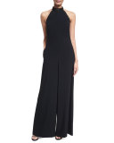 Crystal Halter Wide-Leg Jumpsuit, Black
