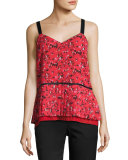 V-Neck Pleated Abstract-Print Silk Cami, Red