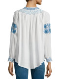 The Traveler Embroidered Top, Cream/Blue