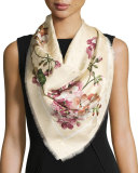 Gerabloom Jacquard Square Silk Scarf, White/Pink