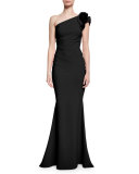 One-Shoulder Ruched Ponte Mermaid Gown, Nero