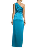 One-Shoulder Ruched Satin Gown, River Blue
