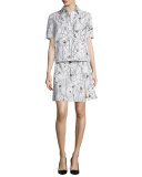 Short-Sleeve Scribble-Print Shirtdress, Chalk/Black