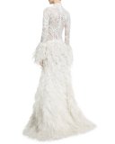 Long-Sleeve Lace Gown with Ostrich Feather Skirt, White