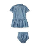 Short-Sleeve Smocked Cotton Chambray Dress, Blue, Size 6-24 Months
