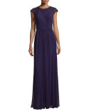 Beaded-Sleeve Pleated Crepe Gown, Plum