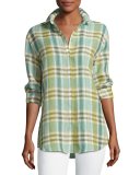Sabira Long-Sleeve Windowpane Blouse w/ Chain Detail, Multi