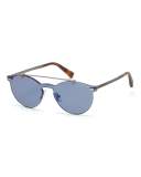 Rimless Double-Bar Round Sunglasses, Blue/Havana