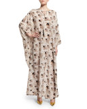 Long-Sleeve Doggie-Print Maxi Caftan, White