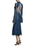 Lace Mock-Neck Midi Flare Dress, Navy