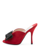Suede Bow 100mm Slide Sandal, Cherry