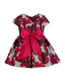 Short-Sleeve Floral Jacquard Pleated Dress, Fuchsia, Size 4-6