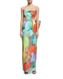 Strapless Abstract Floral-Print Column Dress W/ Bow Back 