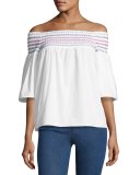 Yasmin Smocked & Embroidered Off-the-Shoulder Blouse, White