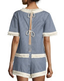 Open-Back Micro-Stripe Top w/Braid & Fringe Trim, Blue