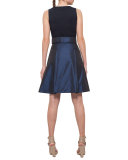 Iridescent High-Waist Belted A-Line Skirt, Navy