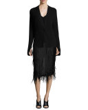 Ostrich-Feather Pencil Midi Skirt, Black