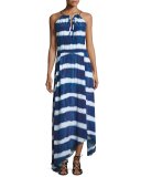 Tie-Dye Striped Maxi Beach Dress, Blue/White
